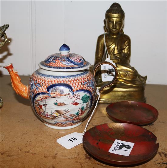 Oriental buddha tea pot & 2 lacquer trays